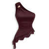 One Shoulder Ruched Lace Trim Asymmetric Top in Wine Maroon