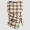 Plaid Wrap Front Asymmetric Tie Side Top in Caramel Brown