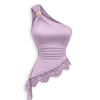 One Shoulder Ruched Lace Trim Asymmetric Top in Lilac