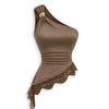 One Shoulder Ruched Lace Trim Asymmetric Top in Coffee Brown