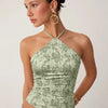 Floral Halter Neck Fitted Top in Olive Green