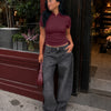 Mandarin Collar Side Tie Ruched Top in Deep Wine