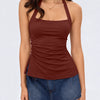 Square Neck Halter Ruched Fitted Top in Burgundy