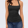 Square Neck Halter Ruched Fitted Top in Black