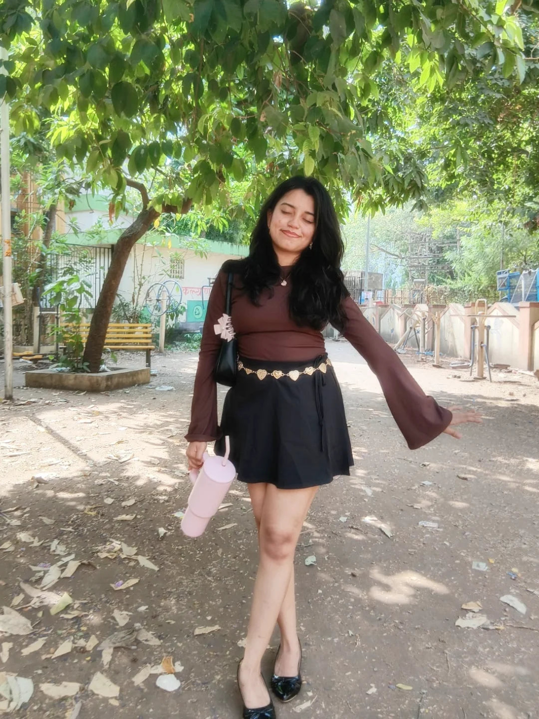 Customer photo 3 of Boat Neck Solid Ruched Long Sleeve Top in Chocolate Brown