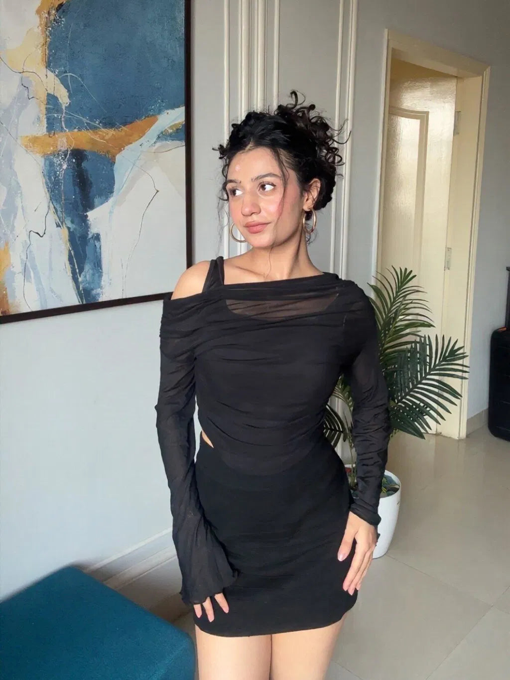 Customer photo 2 of Party Ruched Off Shoulder Flared Full Sleeve Top in Black