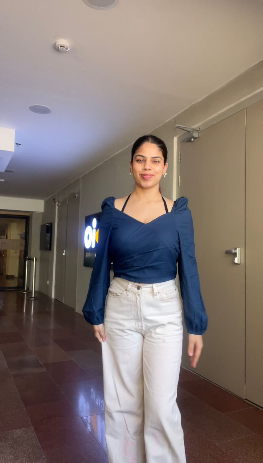 Customer photo 2 of Casual Wrap V Neck Long Sleeve Crop Top in Navy Blue