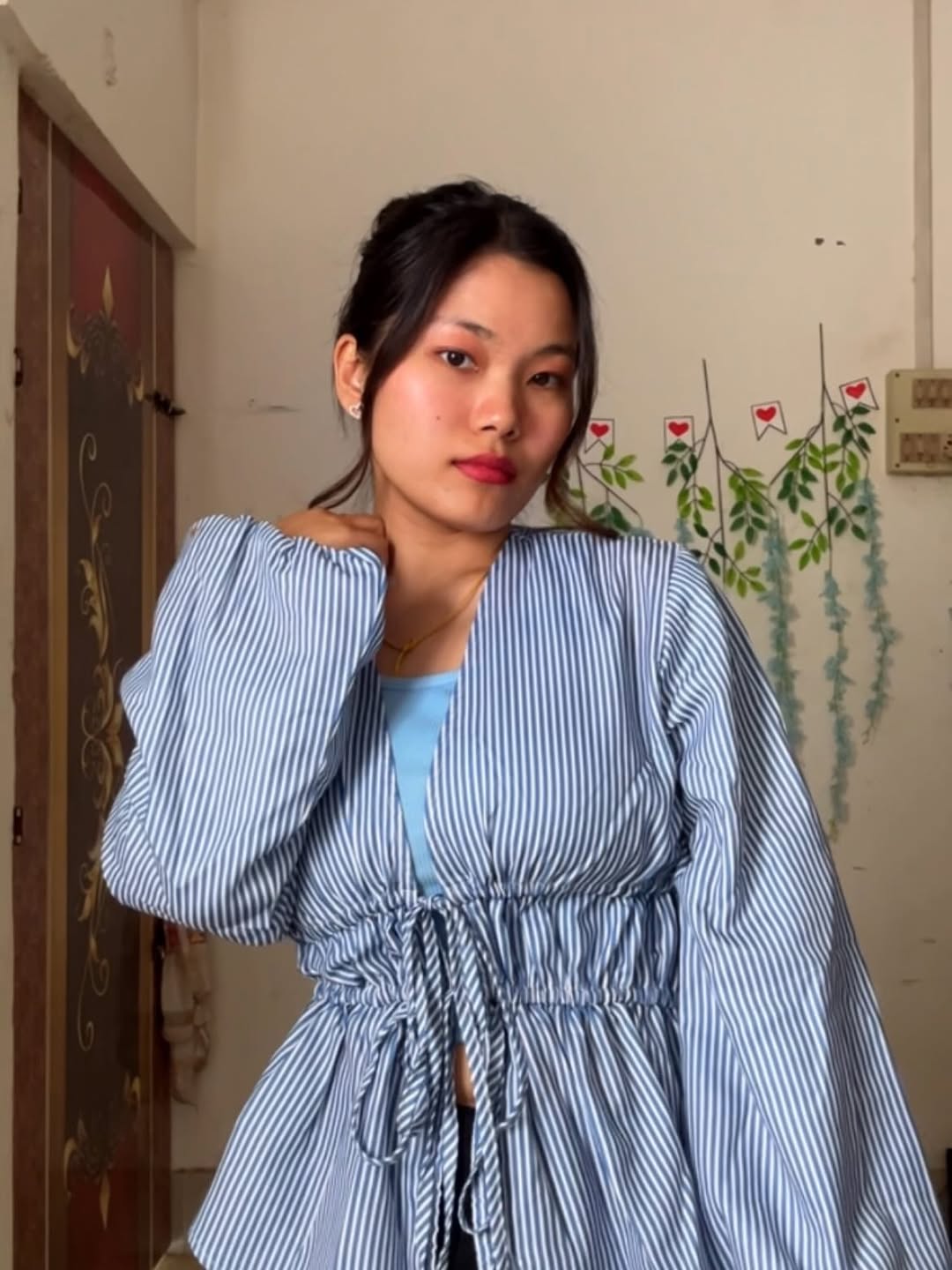 Customer photo 1 of Casual V Neck Bell Sleeve Striped Knot Top in Blue and White