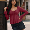 Casual V Neck Ruched Flared Long Sleeve Top in Maroon