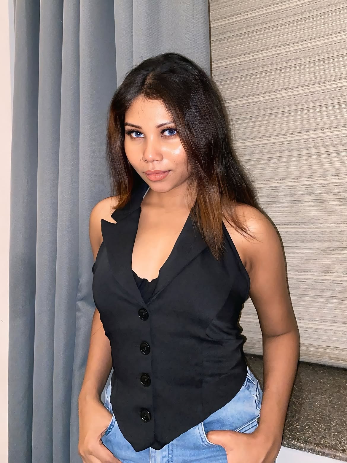 Customer photo 2 of Party Halter Neck Button Front Crop Top in Black
