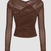 Sheer Mesh Long Sleeve Ruched Wrap Top In Coco Brown