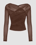 Sheer Mesh Long Sleeve Ruched Wrap Top In Coco Brown