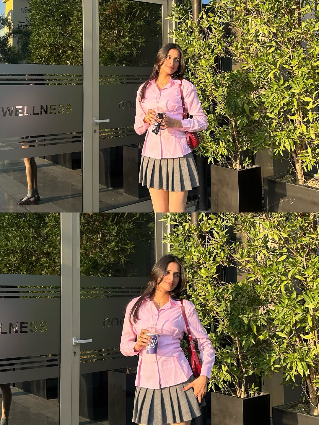 Customer photo 1 of Striped Collared Neck Full Sleeve Button Down Top in Pink