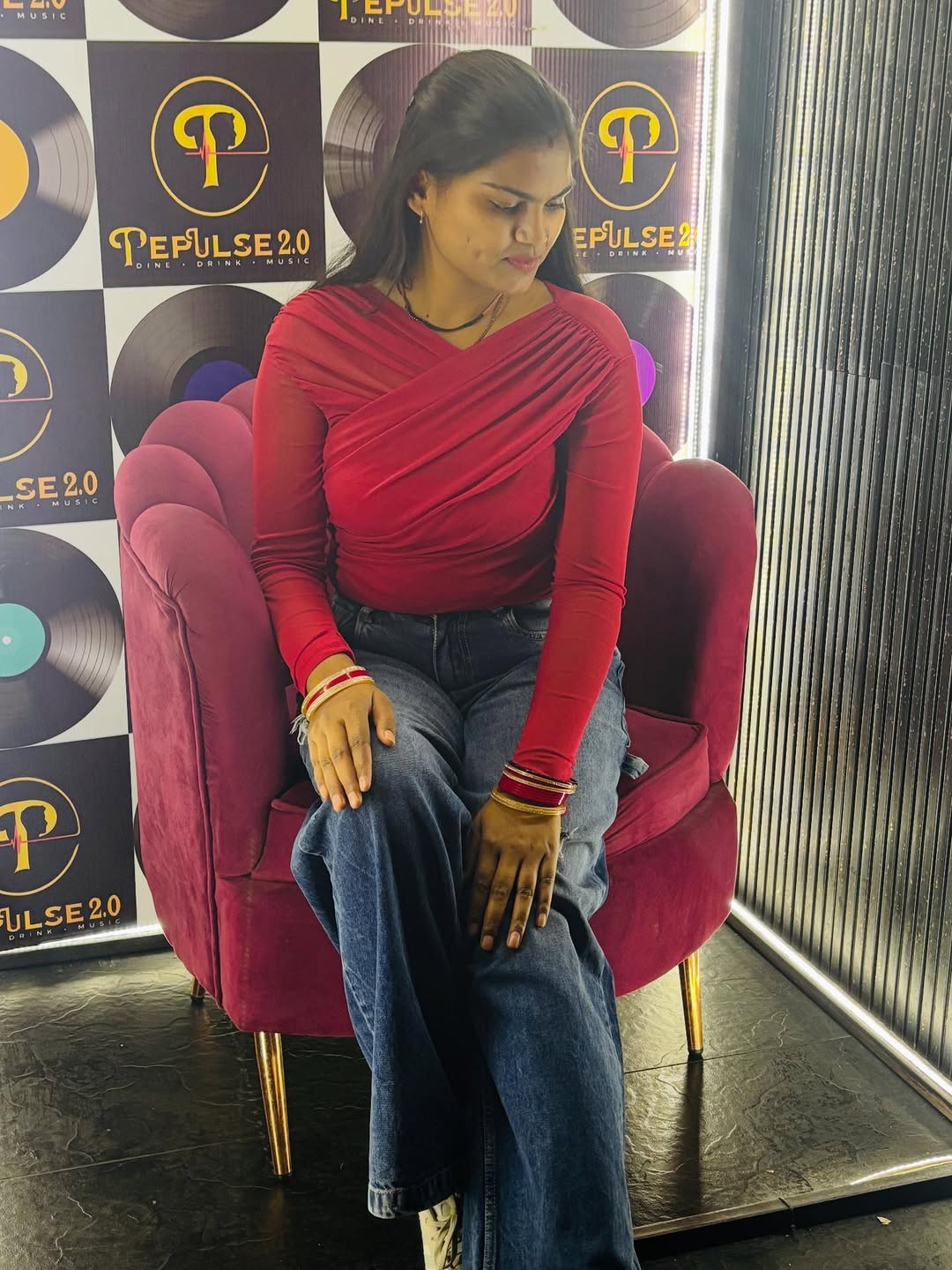 Customer photo 1 of Long Sleeve Off-Shoulder Draped Wrap Top in Red