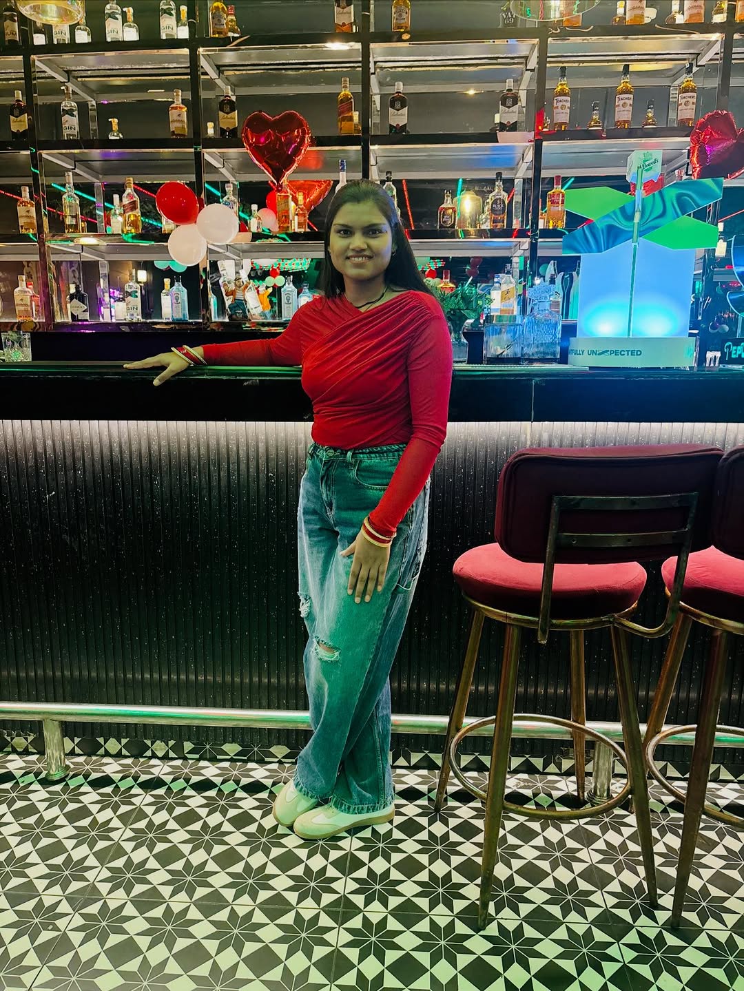 Customer photo 3 of Long Sleeve Off-Shoulder Draped Wrap Top in Red