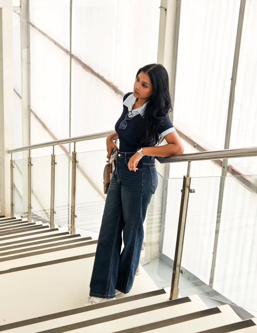 Customer photo 1 of V-Neck Collared Layered Look Fitted Knit Top in Navy Blue