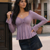 Casual Square Neck Tie-Up Flared Long Sleeve Top in Purple