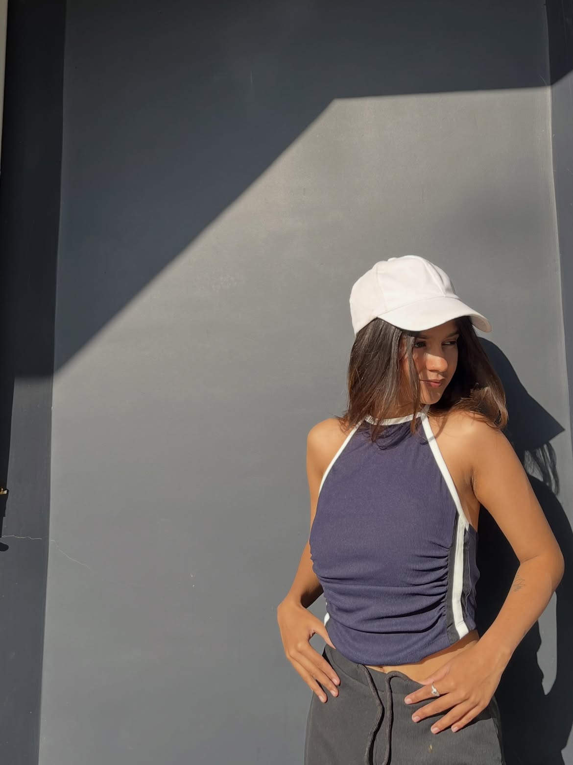 Customer photo 3 of Sporty Ruched Halter Neck Racerback Top in Navy Blue & White