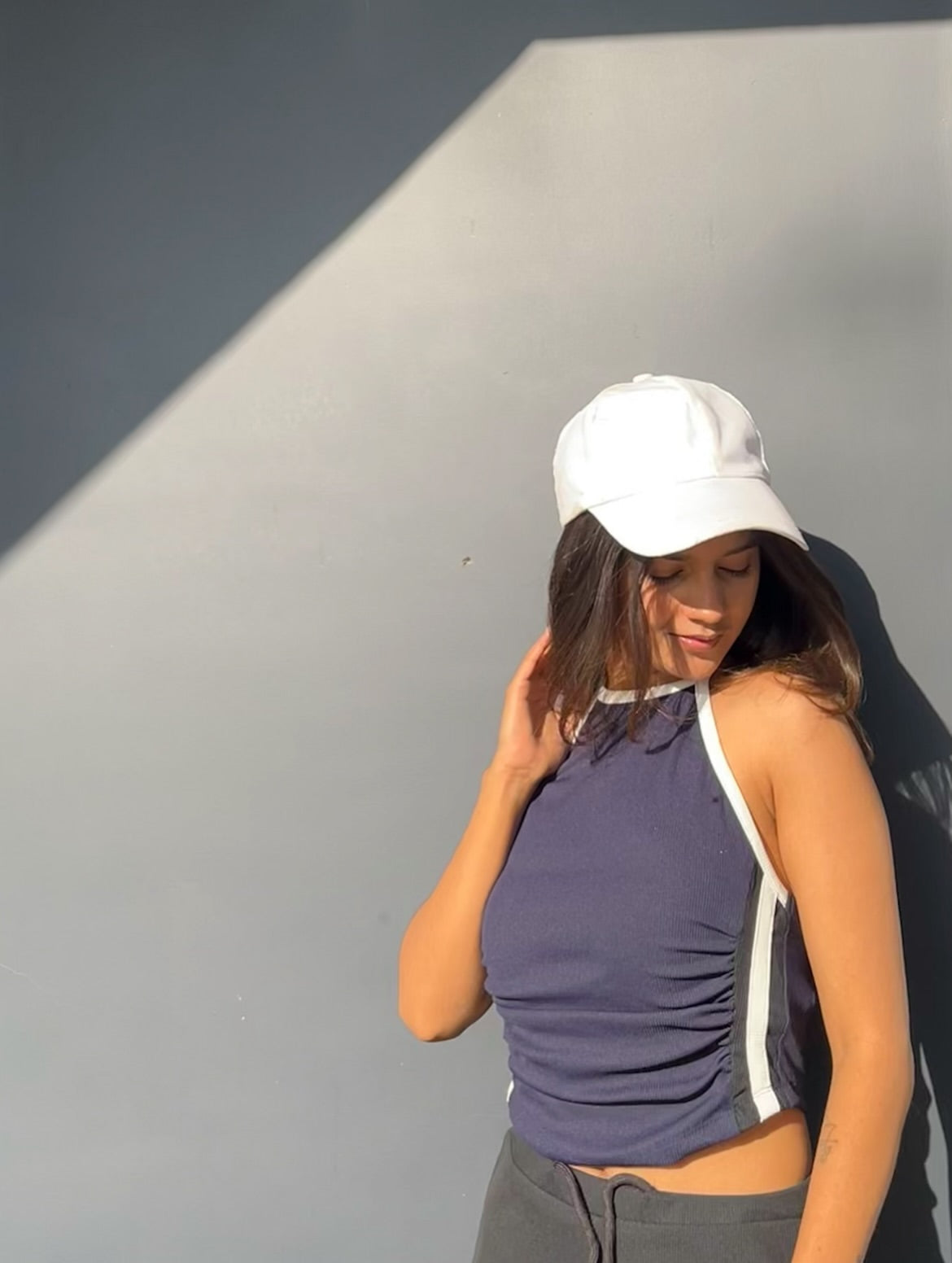 Customer photo 2 of Sporty Ruched Halter Neck Racerback Top in Navy Blue & White