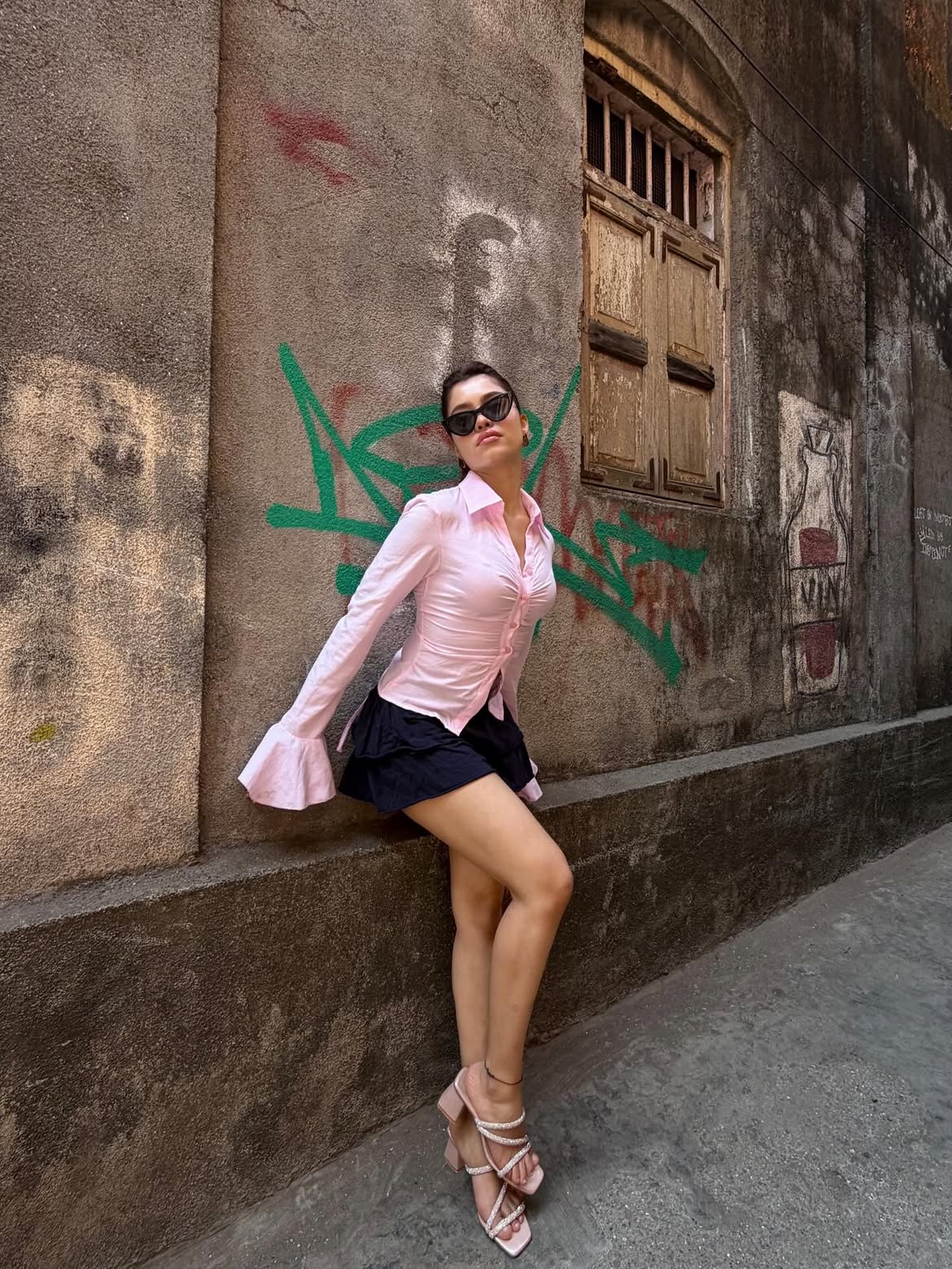 Customer photo 1 of Collared Neck Ruched Front Bell Sleeve Shirt in Pink
