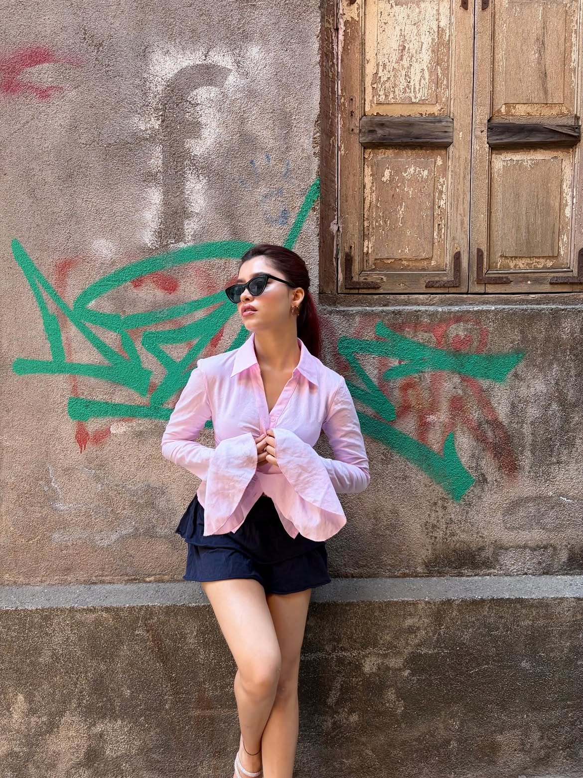 Customer photo 2 of Collared Neck Ruched Front Bell Sleeve Shirt in Pink