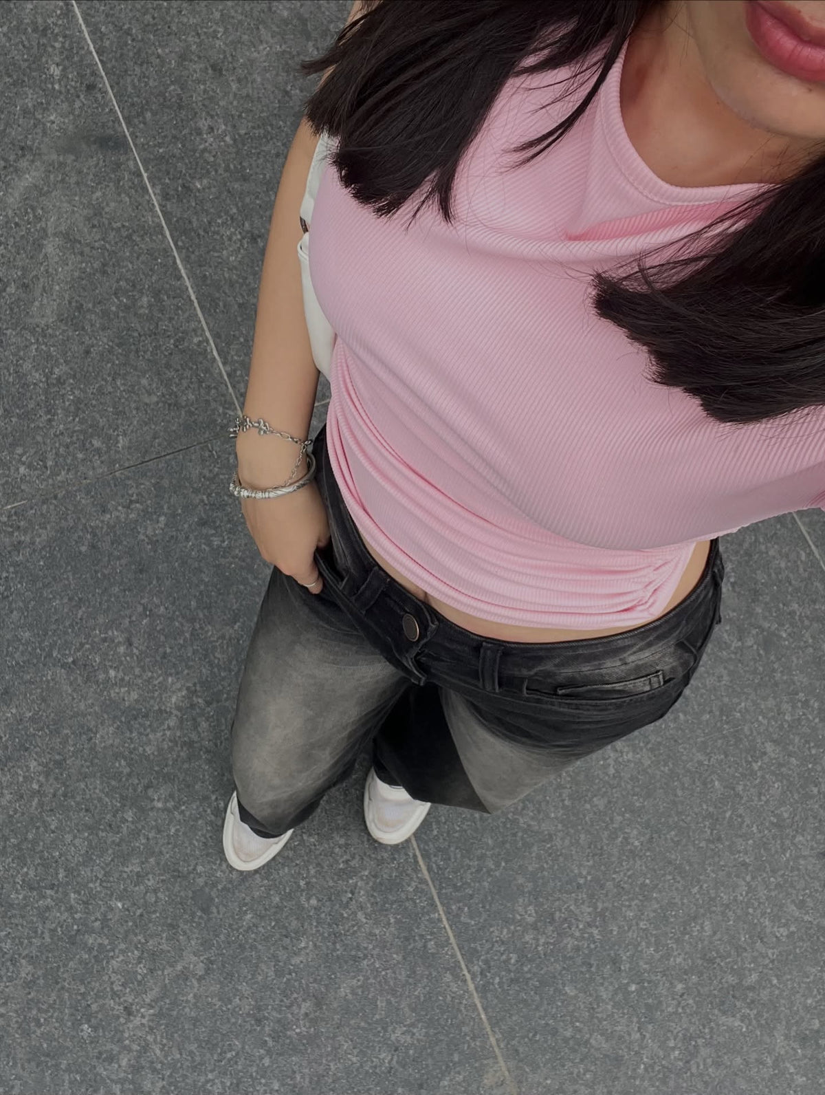 Customer photo 1 of Cap Sleeve Boat Neck Ruched Top Set in Black, Pink and White