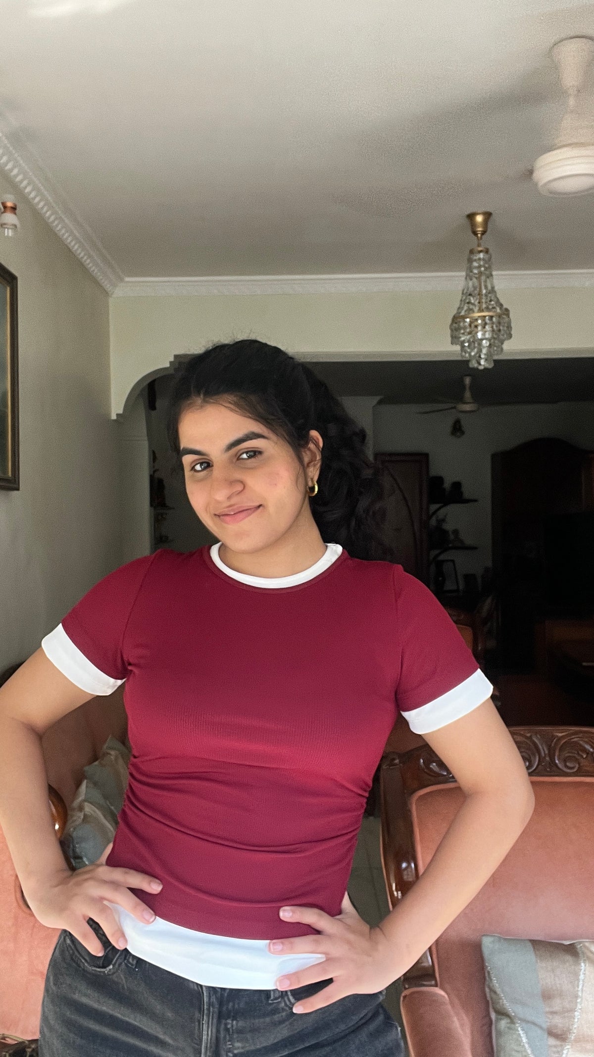 Customer photo 1 of Casual Slim Fit Maroon and White Tee with Contrast Hem