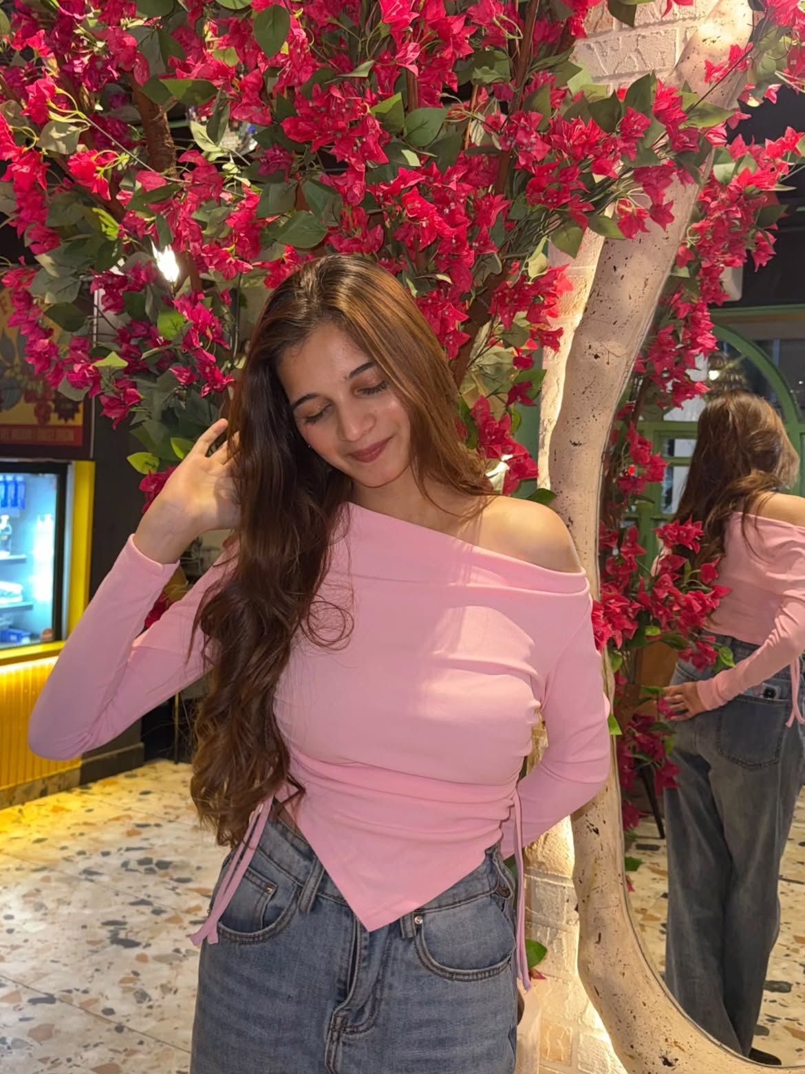 Customer photo 2 of Casual Cowl Neck Ruched Side Tie Long Sleeve Top in Light Pink