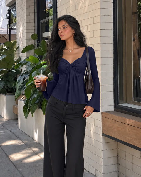 Ruched Bust Sweetheart Neck Full Sleeve Top in Navy Blue
