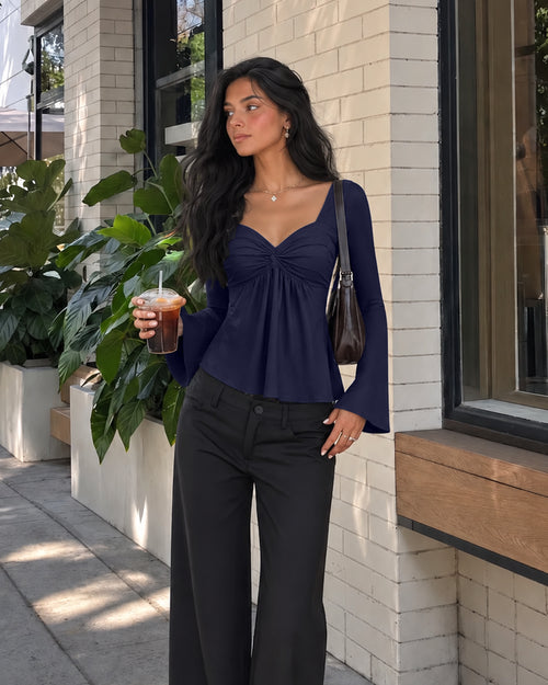 Ruched Bust Sweetheart Neck Full Sleeve Top in Navy Blue