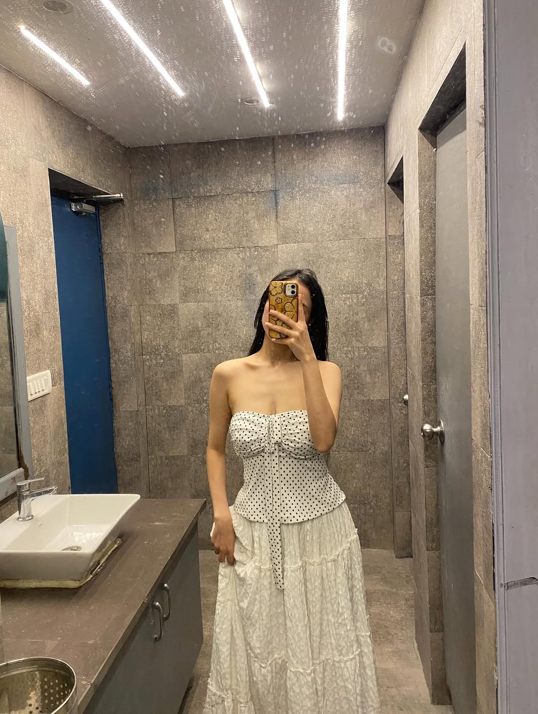 Customer photo 2 of Strapless Ruched Polka Dot Tie-Up Top in White and Black