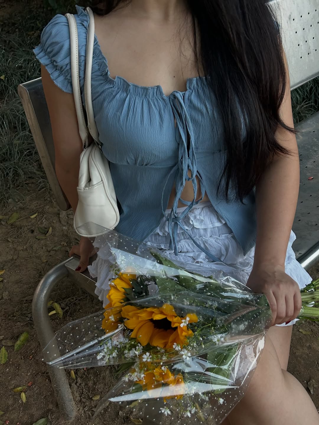 Customer photo 1 of Tie-Up Front Puff Sleeve Off Shoulder Crop Top in Blue