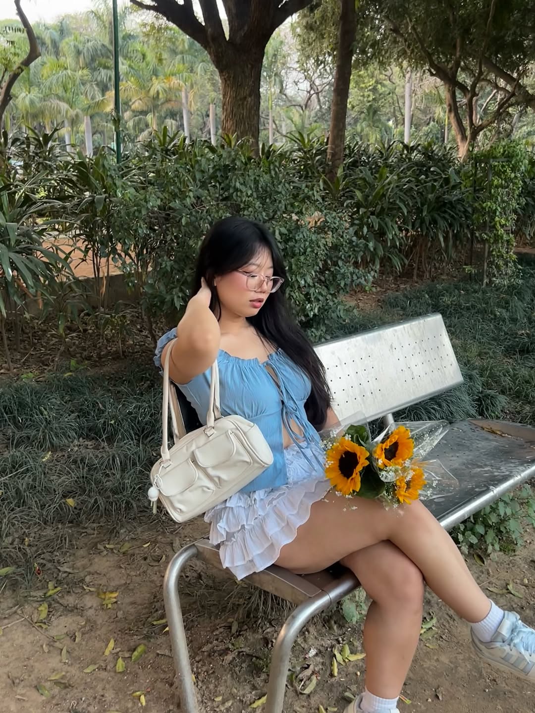 Customer photo 3 of Tie-Up Front Puff Sleeve Off Shoulder Crop Top in Blue