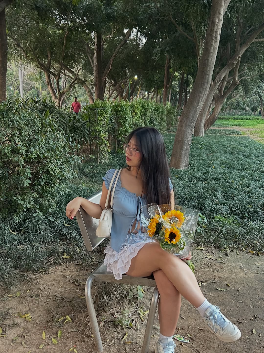 Customer photo 2 of Tie-Up Front Puff Sleeve Off Shoulder Crop Top in Blue