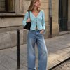 V Neck Front Bow Tie Flared Sleeve Top in Blue