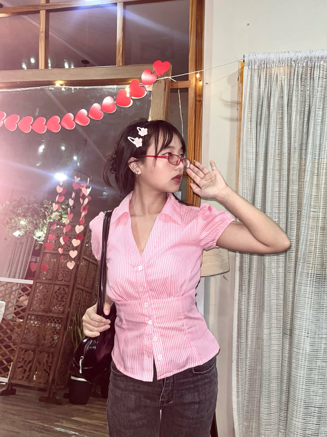 Customer photo 2 of Collared Neck Slim Fit Button Front Puff Sleeve Top in Pink