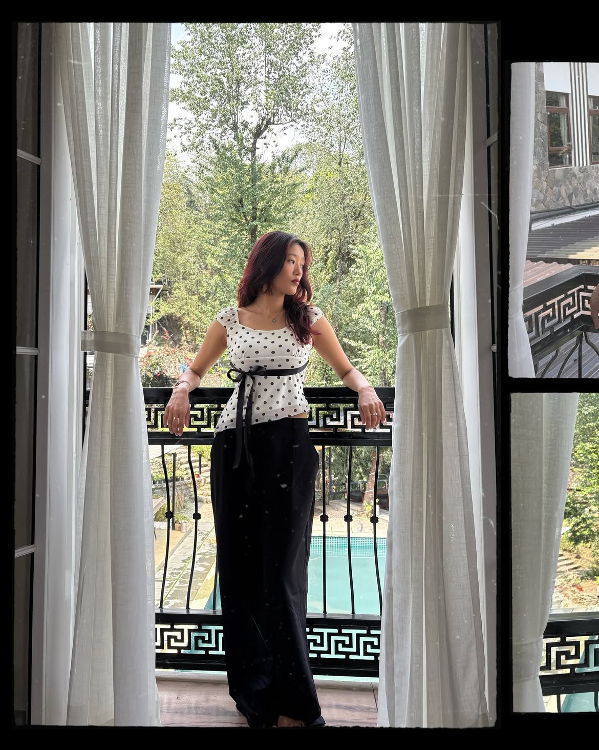 Customer photo 2 of Asymmetric Bow Tie Polka Dot Ruched Hem Top
