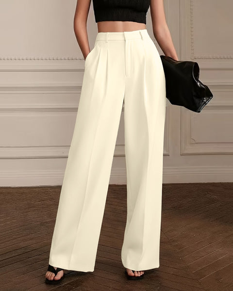 Solid Color Straight-Leg High-Waisted Pant With Pocket In Beige
