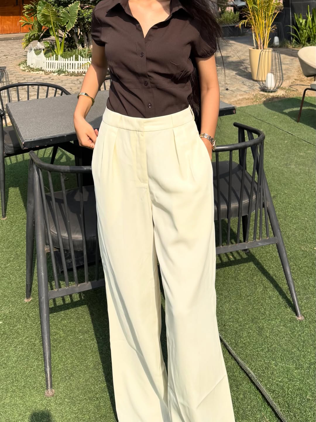 Customer photo 3 of Pleated High Waisted Wide Leg Trousers in Off-White