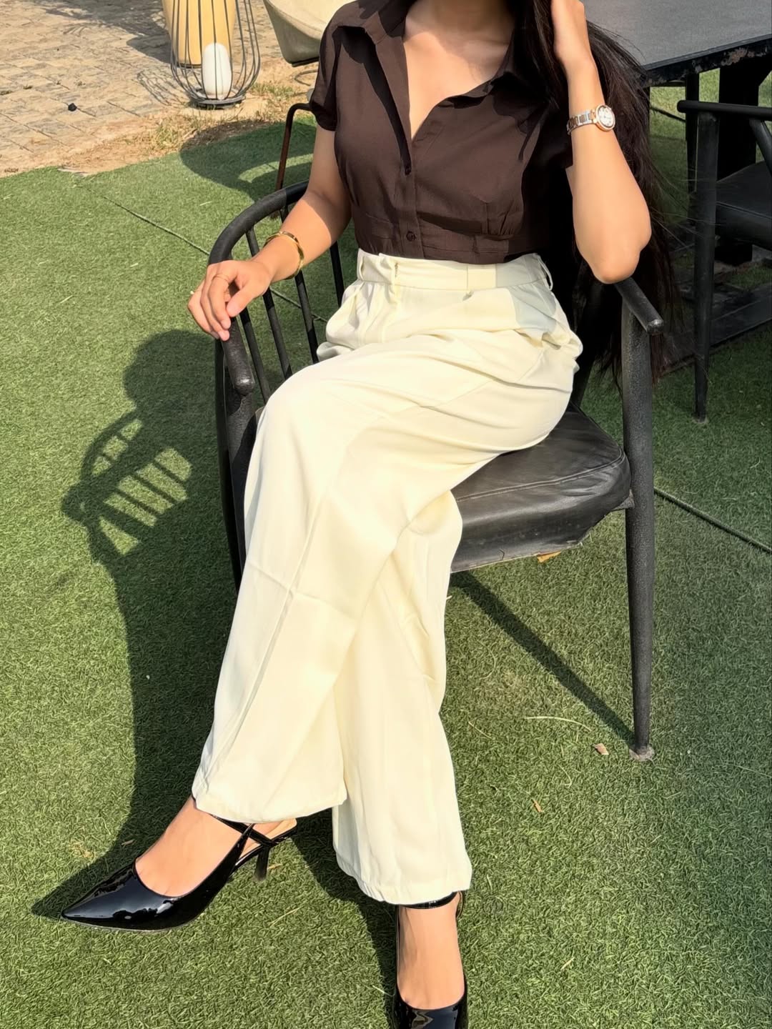 Customer photo 2 of Pleated High Waisted Wide Leg Trousers in Off-White