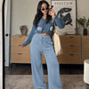 High Waist Wide Leg Drawstring Sweatpants in Dusty Blue