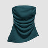 Stylish teal blue strapless ruched tube top featuring a textured finish and an eye-catching asymmetrical hemline