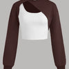 Cropped sweater featuring a round neck, designed in chocolate brown and white colors.