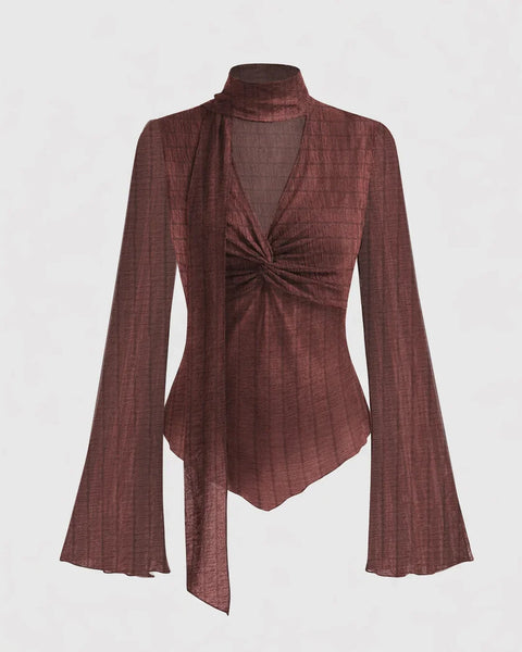 Texture V-neck Flare Sleeve Twist See-through Top With Scarf in Maroon Front View for Women | Littlebox India