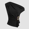 Front view of black asymmetric top with one shoulder design, draped fit and gold buckle detail, stylish evening wear
