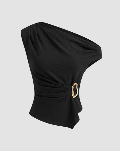 Front view of black asymmetric top with one shoulder design, draped fit and gold buckle detail, stylish evening wear