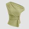 Front view of girls green top with asymmetrical neckline, ruched texture and metal detail for a fitted stylish look.