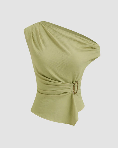 Front view of girls green top with asymmetrical neckline, ruched texture and metal detail for a fitted stylish look.