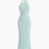 Textured Halter Neck Fitted Maxi Dress in Teal Green Front View for Women | Littlebox India