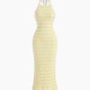 Textured Halter Neck Fitted Maxi Dress in Vanilla Front View for Women | Littlebox India